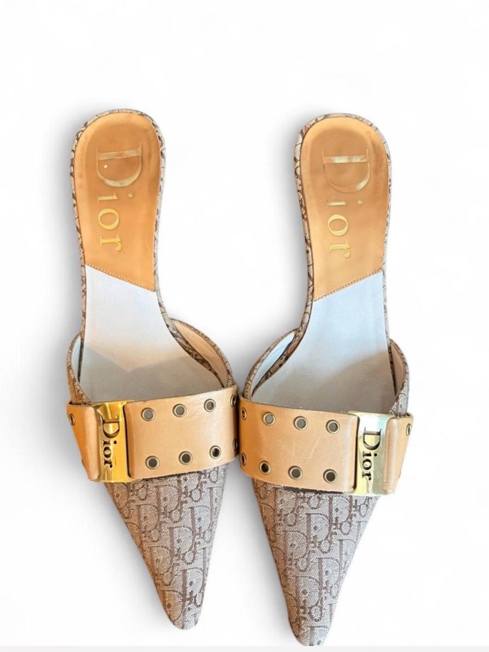 Dior Beige Logo-Print Pointed Slide Mules with Gold Buckles